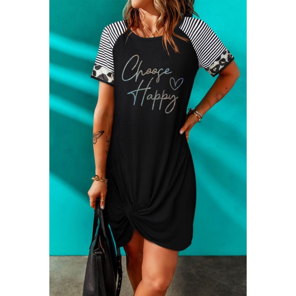 Black Shiny Shading Letter Print Striped Leopard Short Sleeve Mini Dress