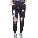 Black MAMA Letter Print Distressed High Waist Jogger Pants